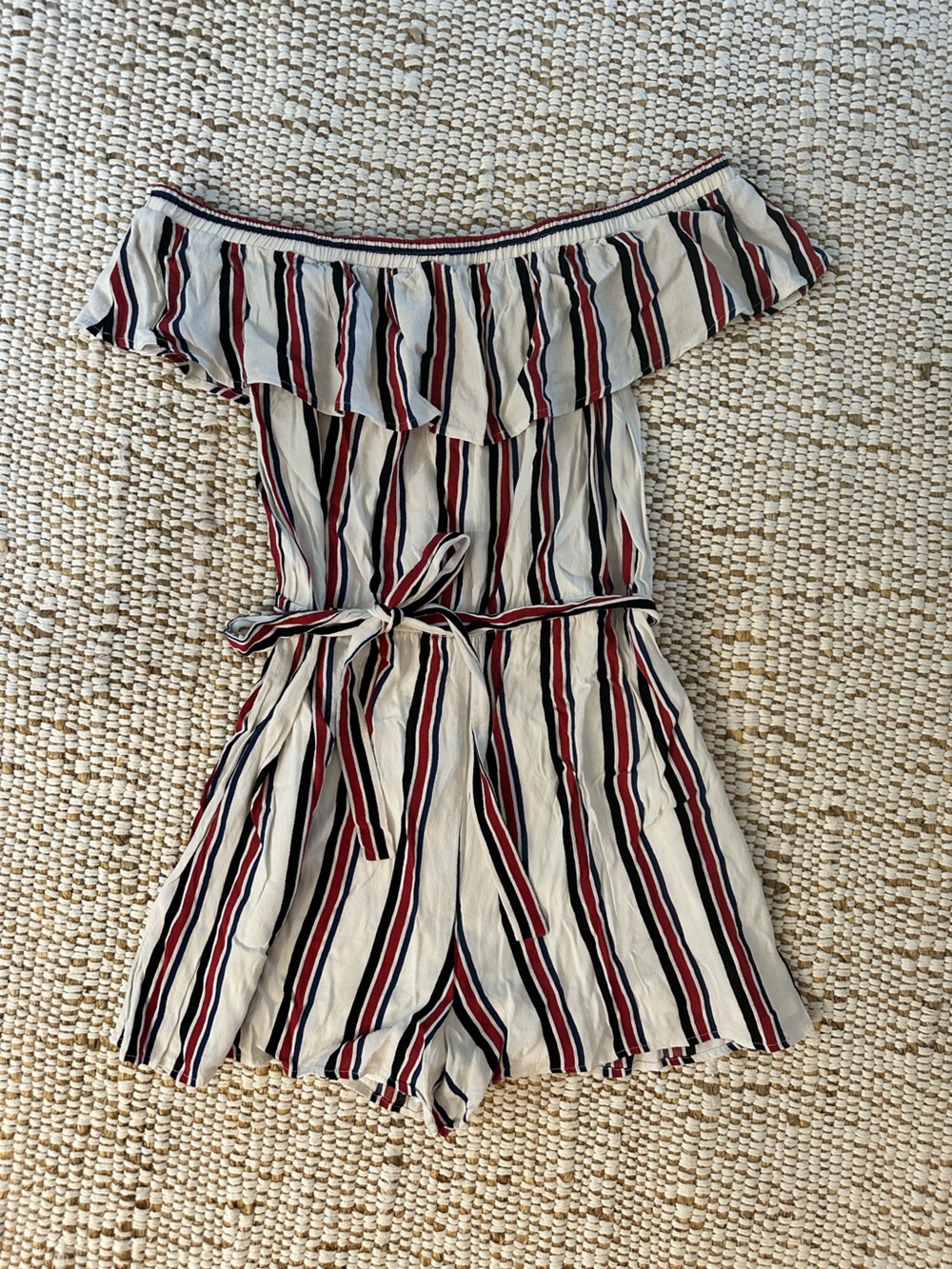 Express Cream One-Piece Romper with Red, Black, and Navy Stripes